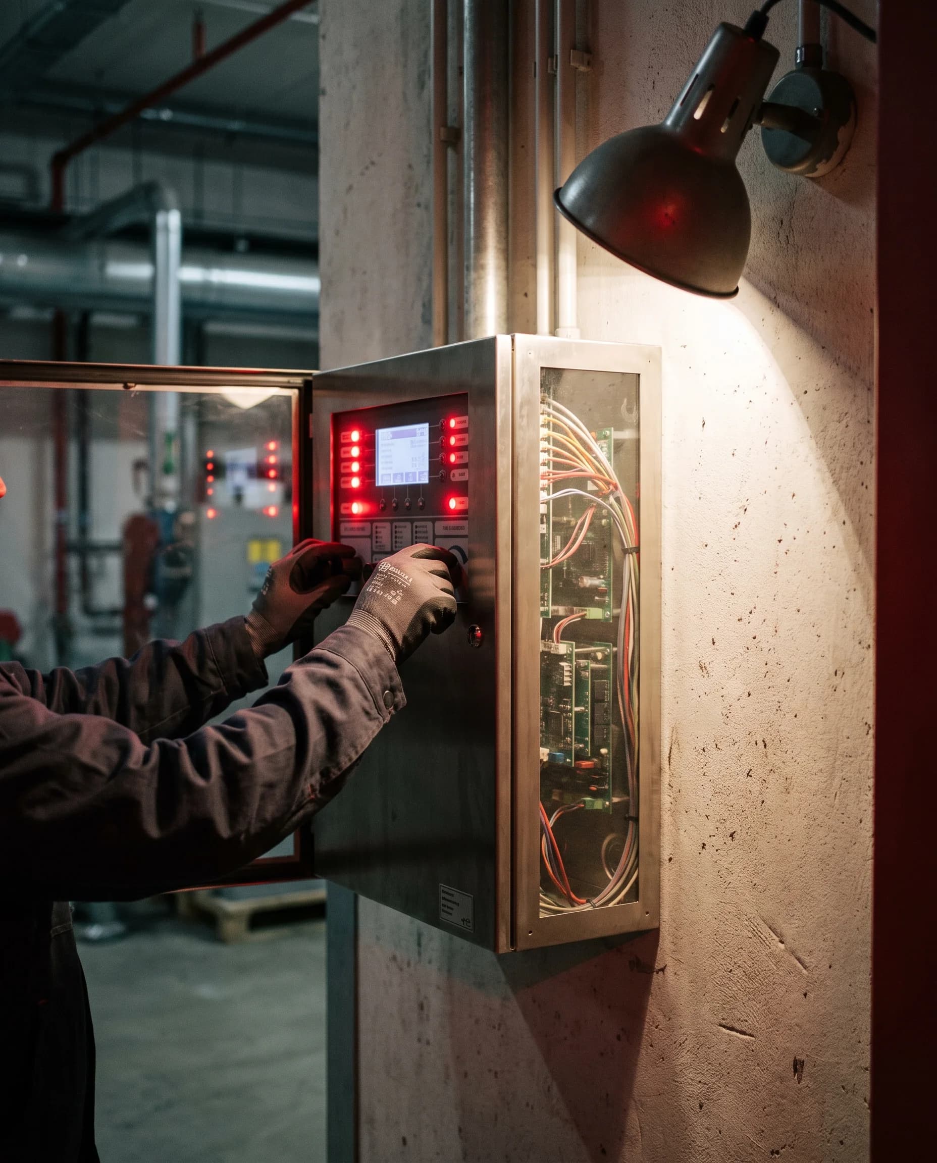 Panel de detección y alarma contra incendio en entorno industrial